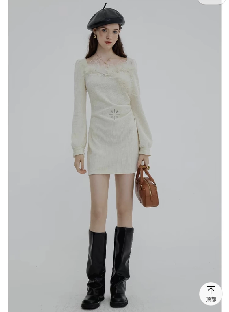 一字领灯芯修身连衣裙