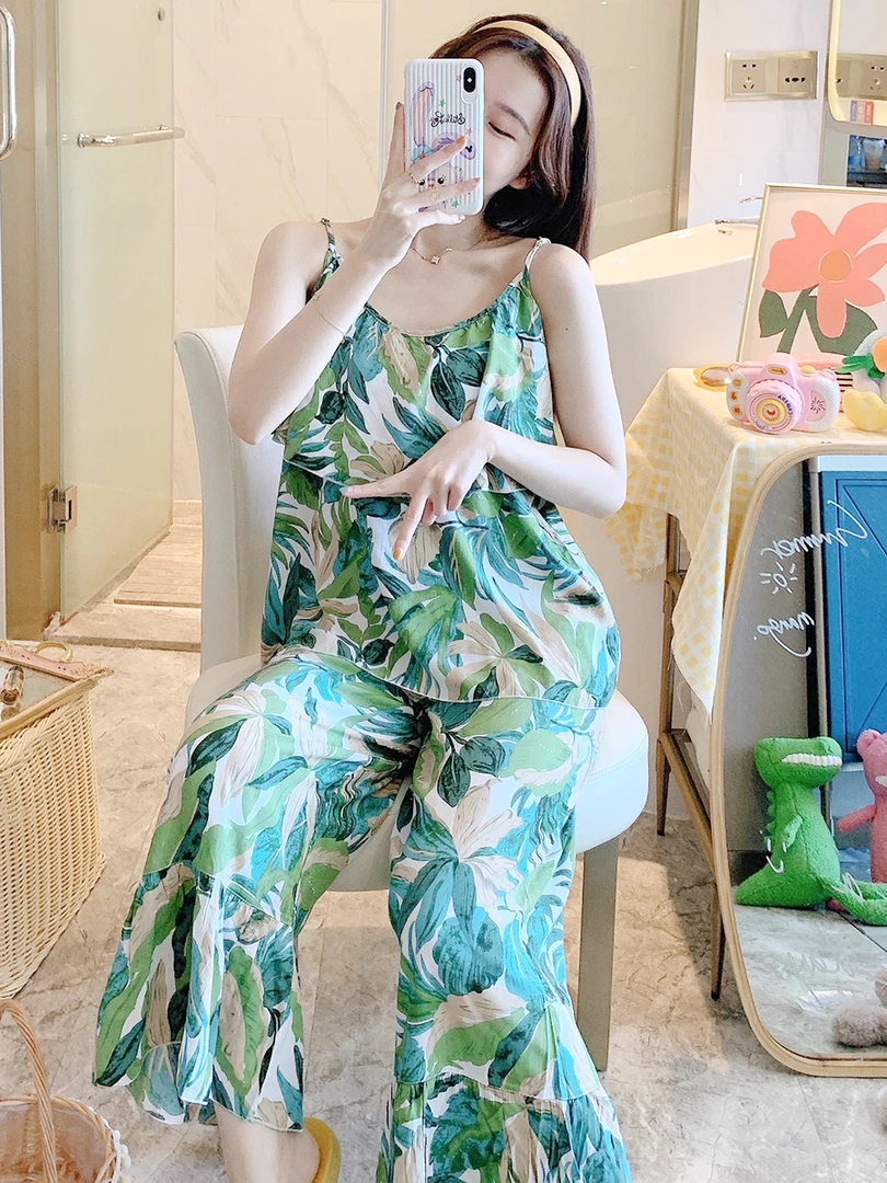 防凸点棉绸睡衣女夏天性感吊带喇叭裤套装日系公主风棉绸睡衣女款