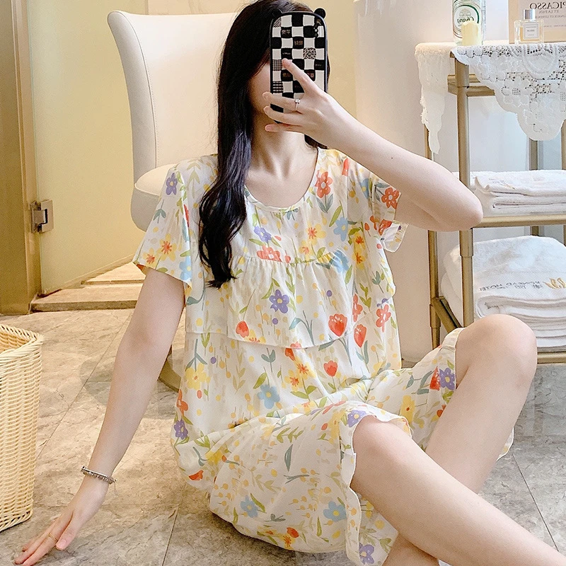 女款夏季宽松睡衣新款棉绸睡衣女夏天超薄款短袖中裤绵绸套装大码