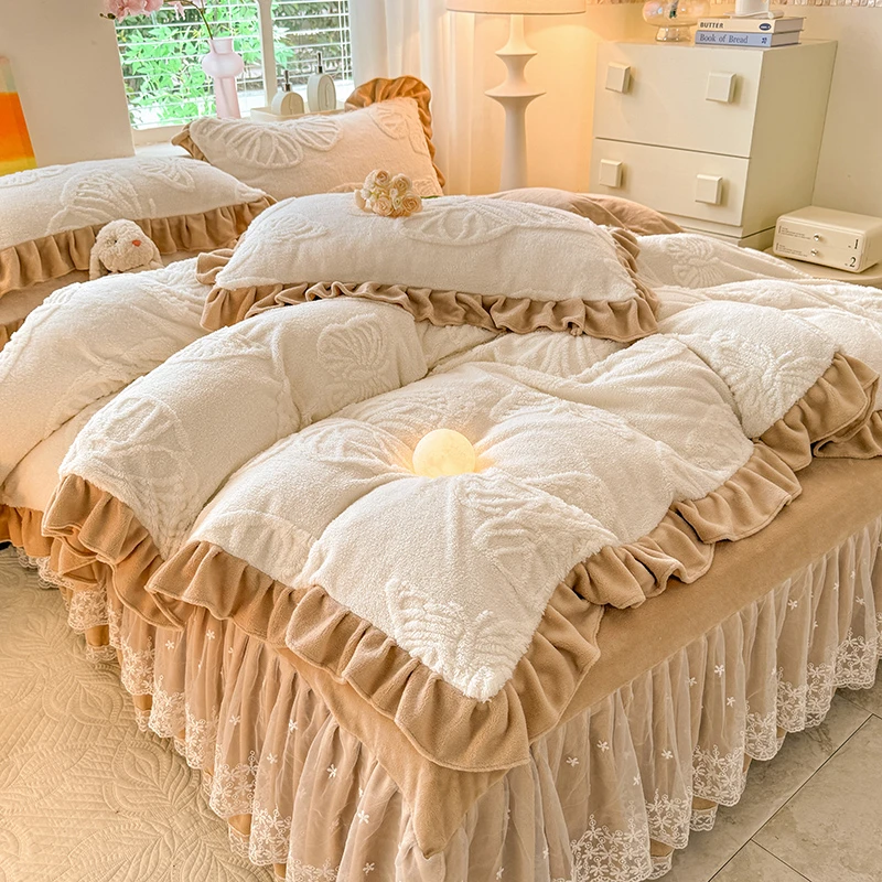 【床裙款 蕾丝花边款】牛奶绒四件套秋冬季加厚新款雕花牛奶绒床裙