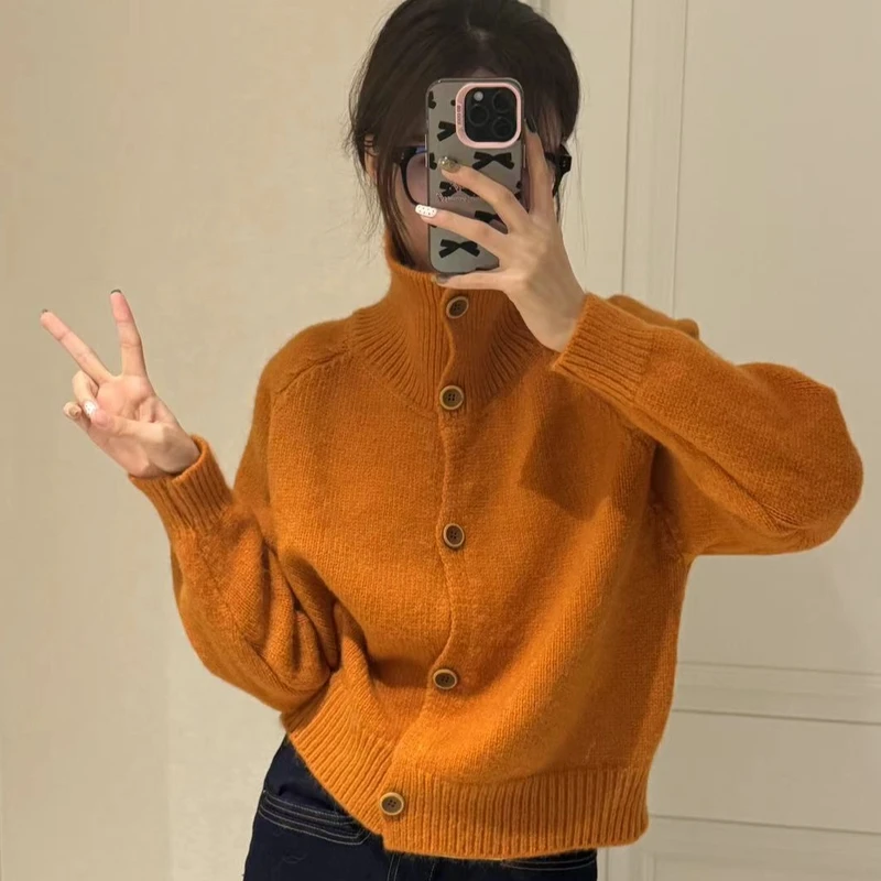 2024秋冬季新款韩系复古立领单排纽扣毛衣女款小个子短款针织开衫