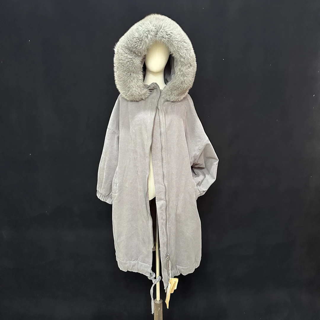 J女装瑕疵品5181102法兰绒棉服中长款连帽款高定文艺ins风有毛领)