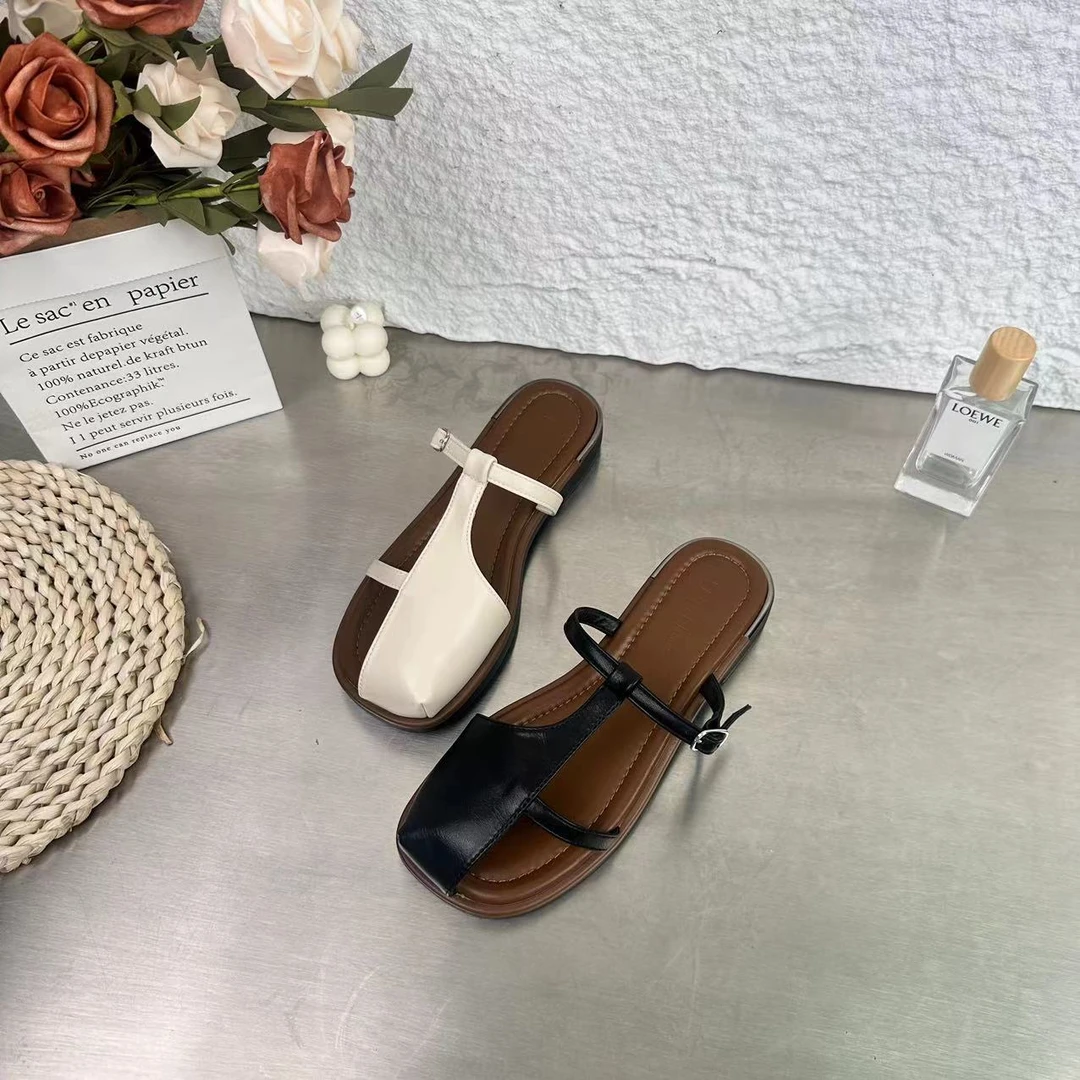 夏季新品舒适休闲时尚女鞋方头凉鞋拖鞋平底鞋软底759-2