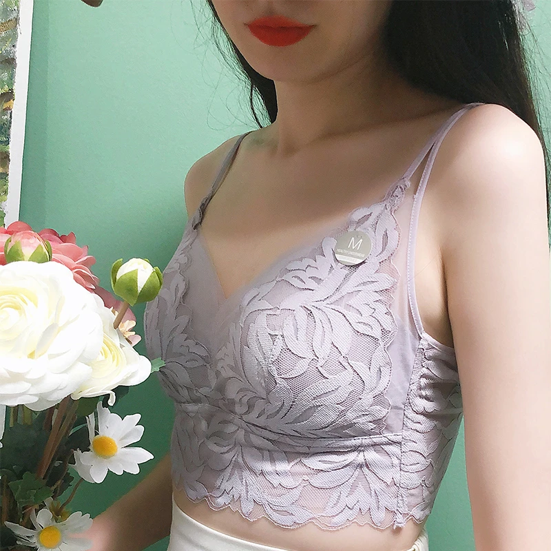 媚姬2718舒适女士女无钢圈聚拢蕾丝薄款美背文胸性感吊带无痕法式