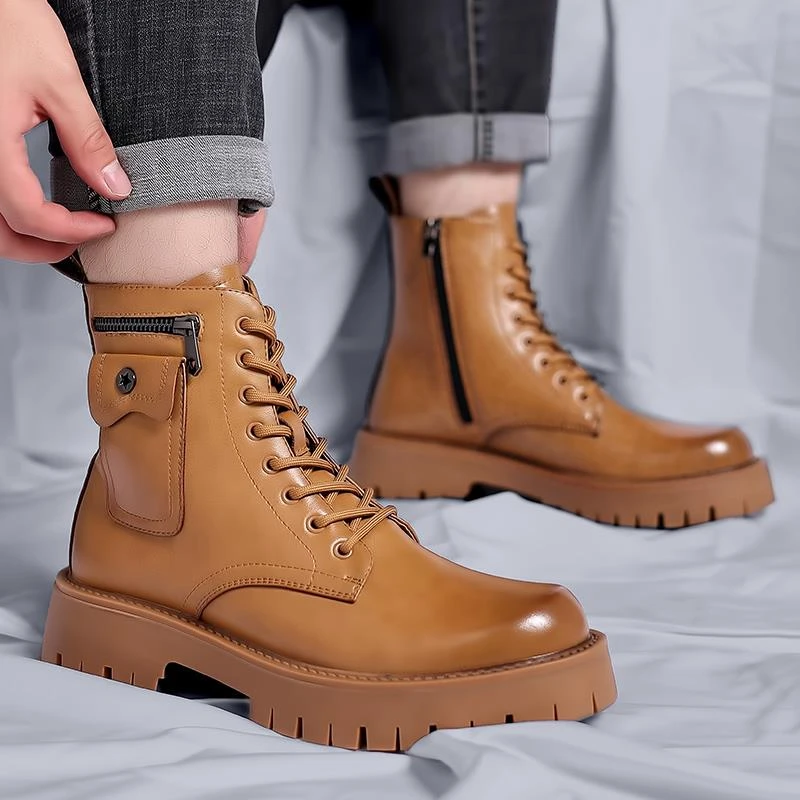 英伦风厚底潮流休闲靴子青年内增高工装靴高帮流光风男士增高厚底