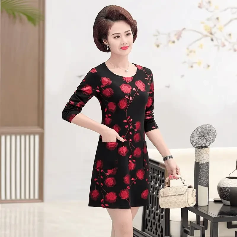 076春秋连衣裙长袖中年妈妈装显瘦打底衫中长款韩版A2-4-1