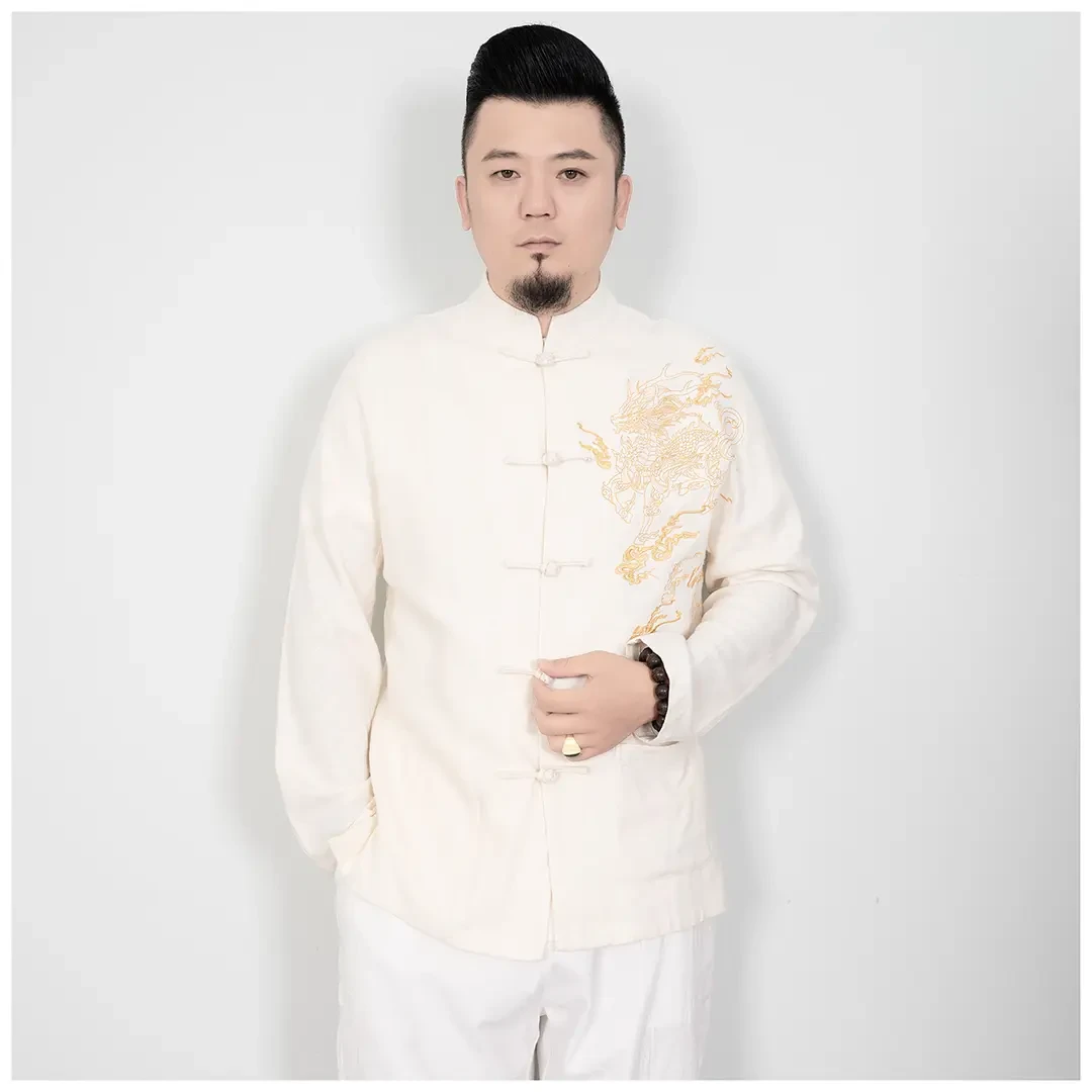 2025秋季新款男士棉麻刺绣长袖中式衬衫中国风立领开衫唐装上衣