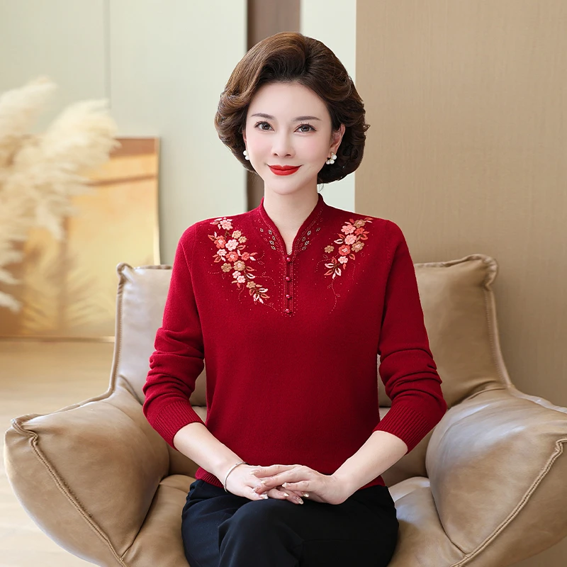 2024秋冬新款100%纯羊毛打底针织衫中老年妈妈装旗袍领毛衣洋气