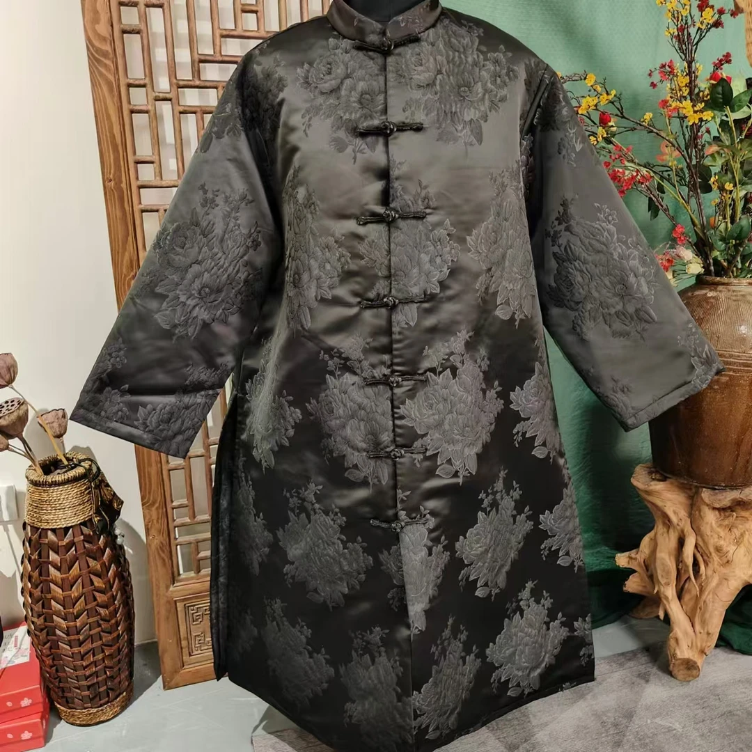 凤徕兮私人定制黑色牡丹暗纹立领盘扣对襟棉服（SMF4103）棉