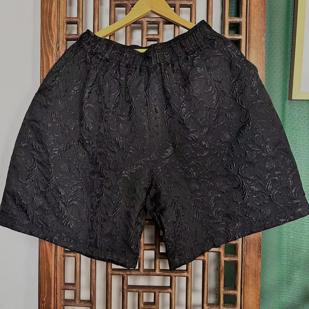 凤徕兮私人定制黑色暗纹提花全松紧加衬中裤（LK118-1）