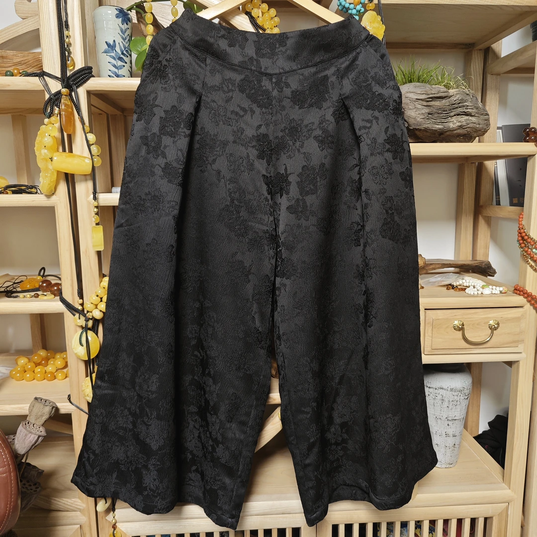 凤徕兮私人订制黑色暗纹半松紧大脚裤 (SK4405）