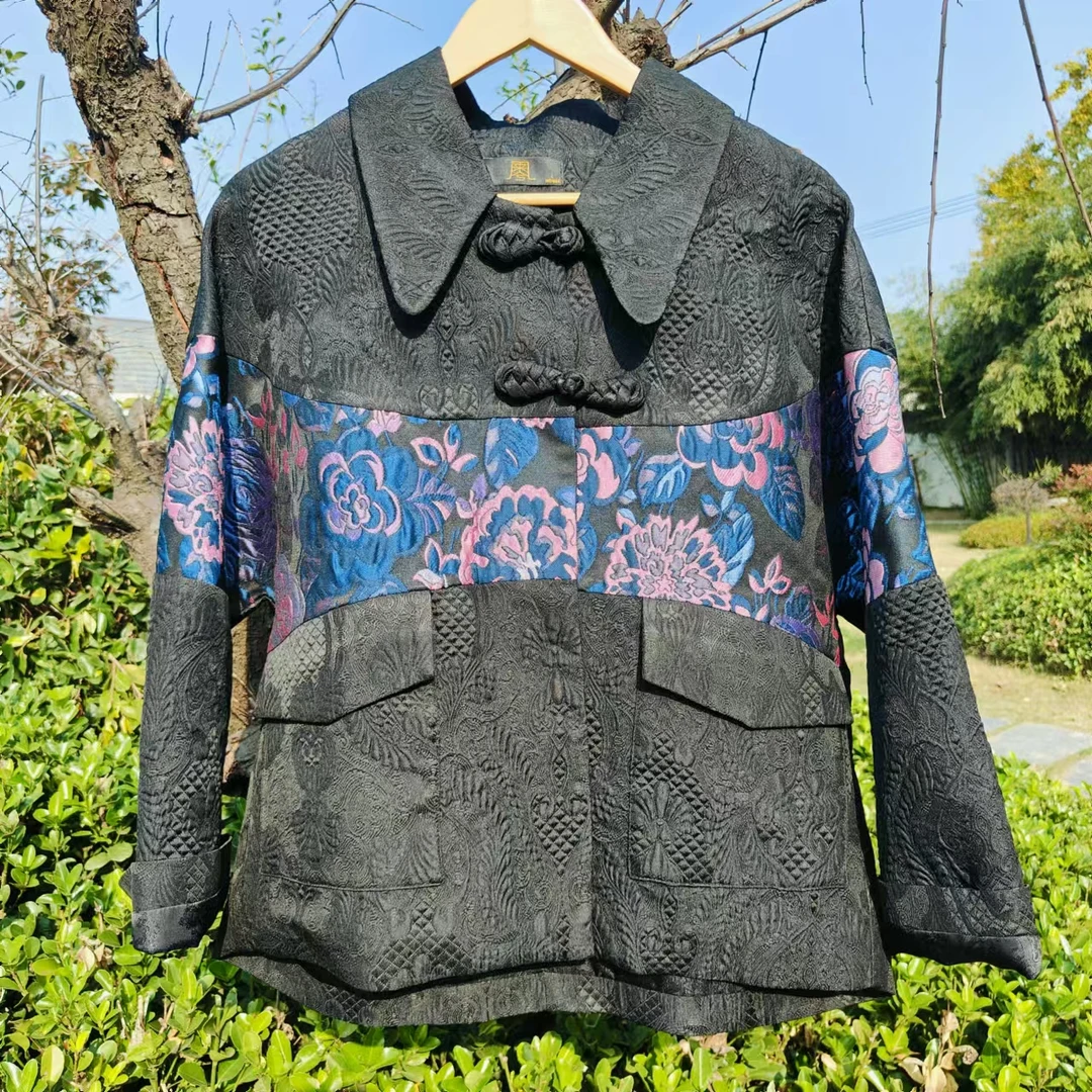 凤徕兮私人定制黑底蓝紫花拼接翻领盘扣棉服（LS408）棉
