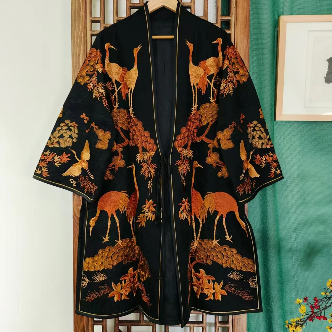 凤徕兮私人定制黑底金黄色松鹤刺绣对襟系绳外套（HY101061）