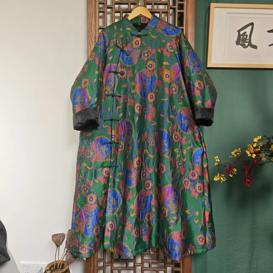 凤徕兮私人定制绿底太阳花盘扣小立领加长棉服（LS395）棉