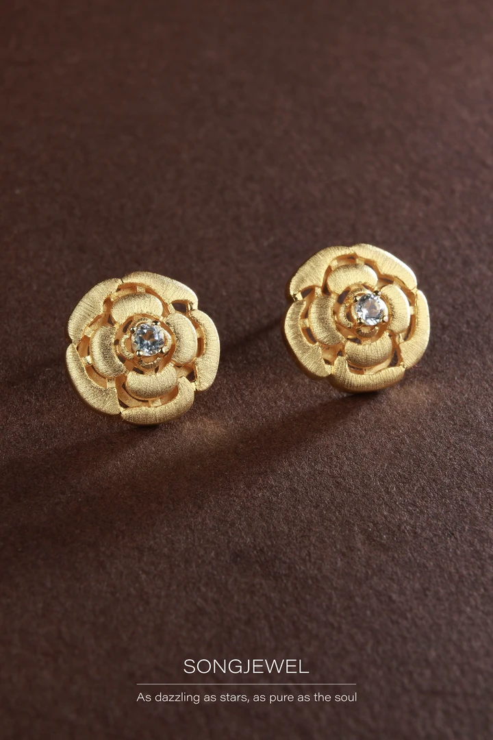 【山茶花】耳钉 天然宝石托帕石 法式优雅时尚百搭耳钉轻奢小众高级