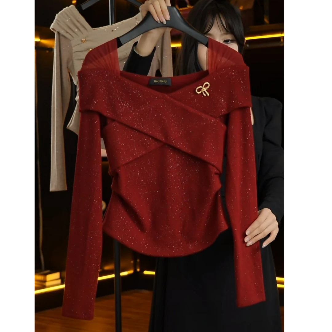 轻奢百搭修身冬季时尚气质高级感茜红色洋气显瘦上衣SM B1560