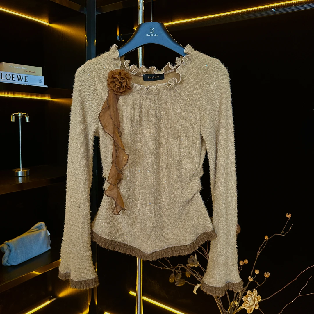 berylbetty秋季新款立体花朵飘带设计修身百搭洋气上衣LJ B1344