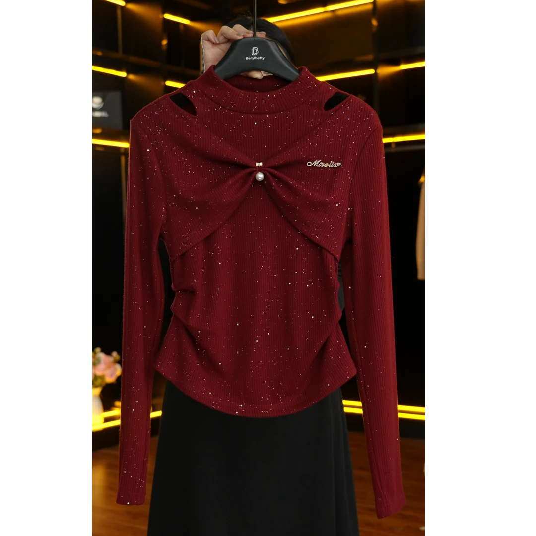 轻奢百搭修身冬季时尚气质高级红色显瘦上衣SM B1569