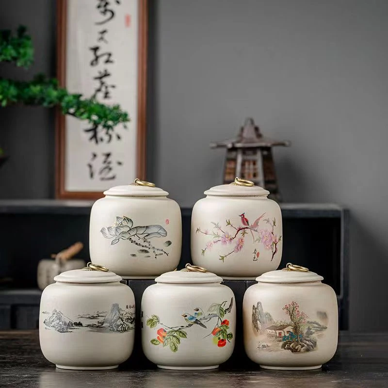 轻奢粗陶珐琅彩茶叶罐茶具带盖青花大号防潮密封便携式储存茶罐子