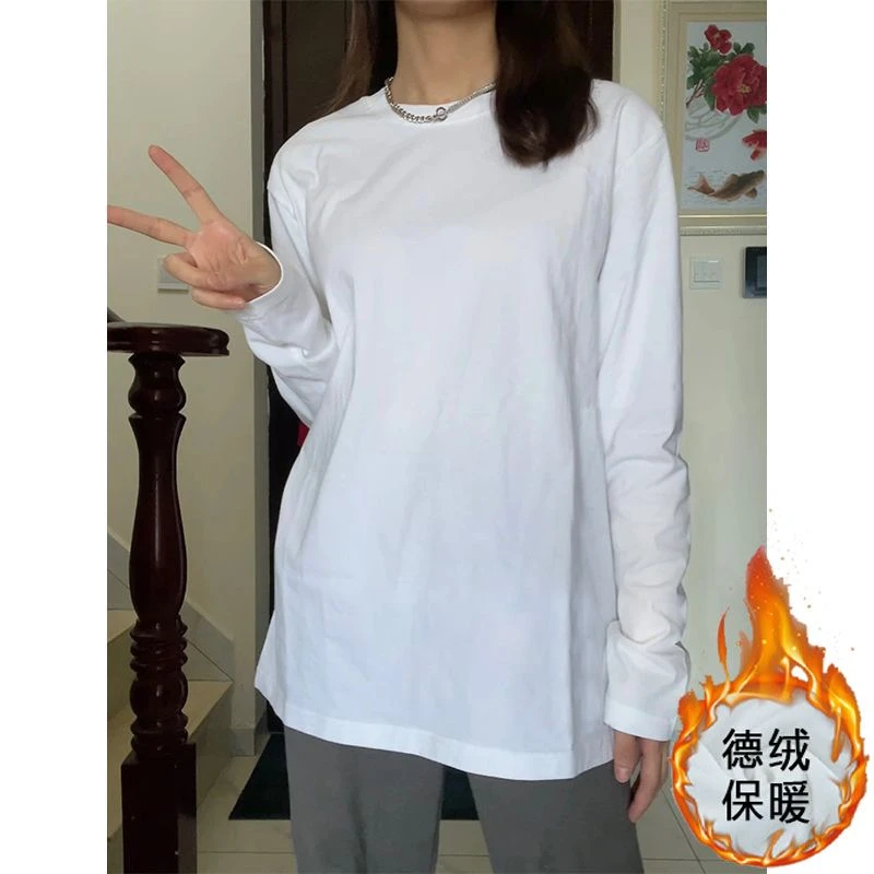 双面德绒磨毛打底衫女秋冬内百搭白色宽松常规款圆领长袖T恤上衣