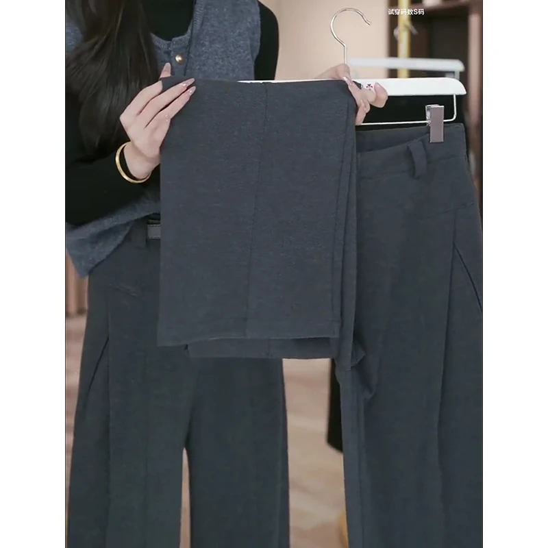 高级感毛呢香蕉阔腿裤女2024秋冬加厚新款高腰宽松弯刀裤休闲裤子