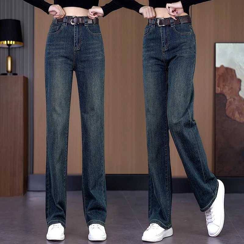 复古水泥灰牛仔裤女春秋2024新款高腰窄版阔腿裤加绒显瘦直筒裤子