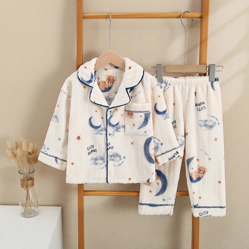 儿童法兰绒家居服套装女童男童睡衣中大童冬款保暖舒适一体绒套装