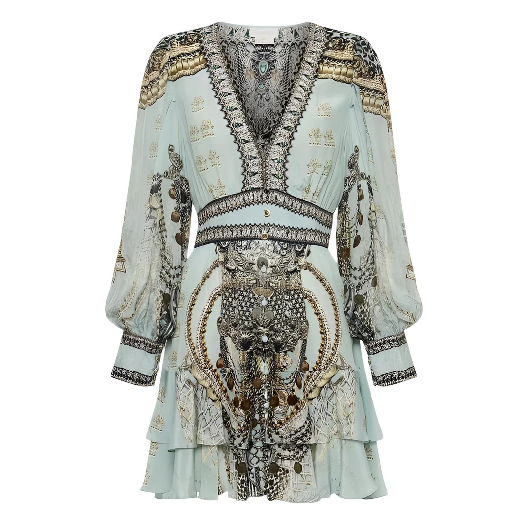 Camil桑蚕丝V领迷你连衣裙时尚轻奢公主气质优雅名媛设计师