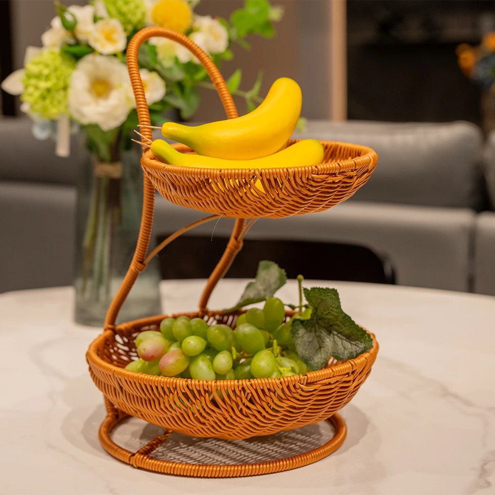 两层水果盘手工编织家用创意置物藤编简约客厅复古23*26*26*36