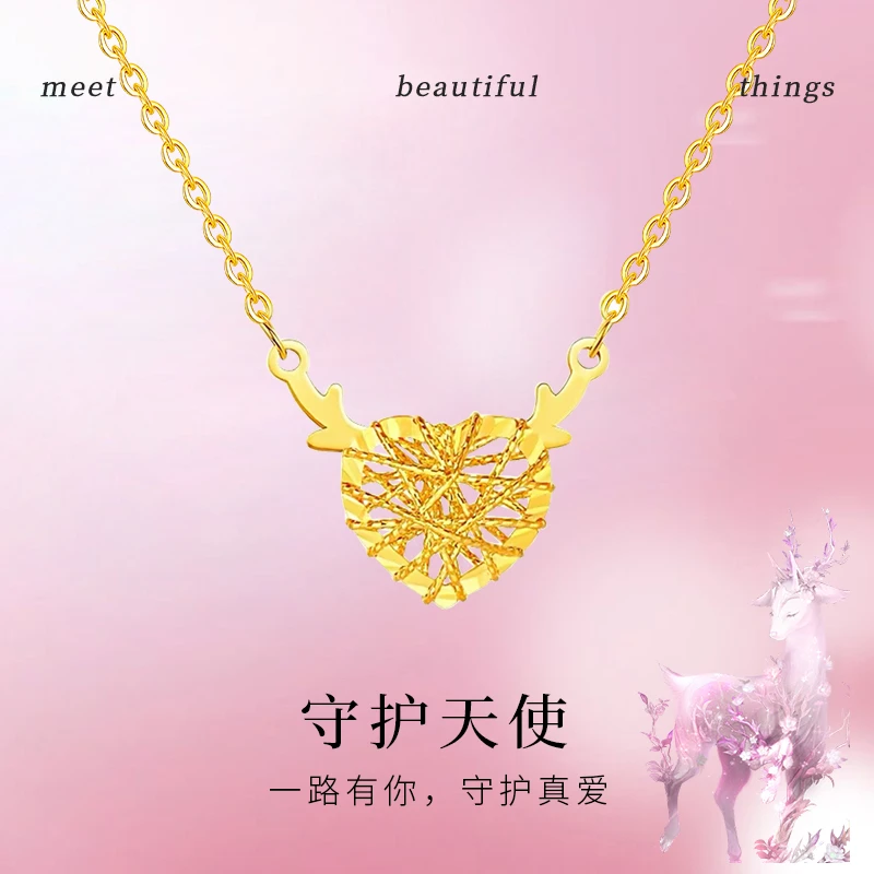 999足金鹿角套链坠链天使金吊坠金项链水贝黄金足金项链锁骨链