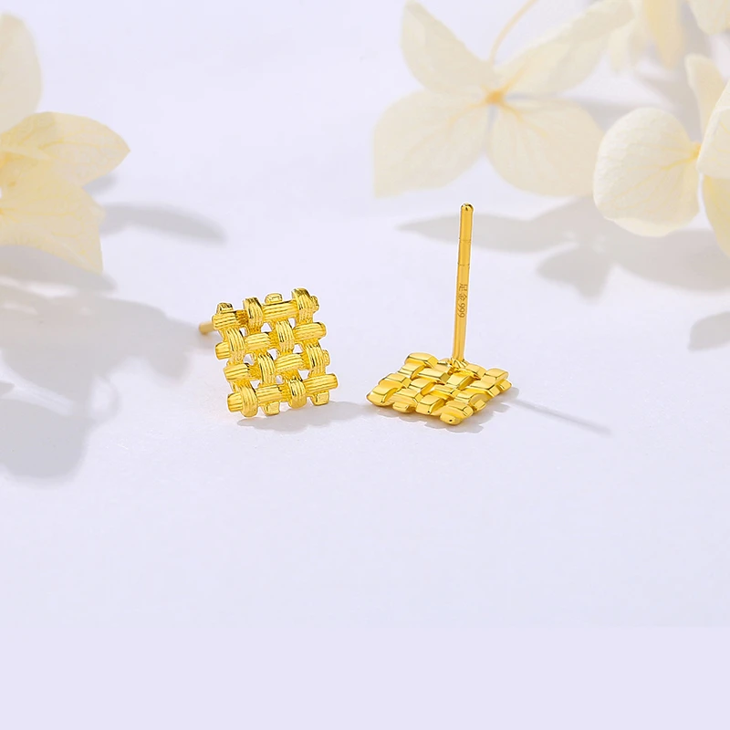 足金999黄金耳钉方格时尚耳饰养耳棒精致水贝金耳饰七夕情人节