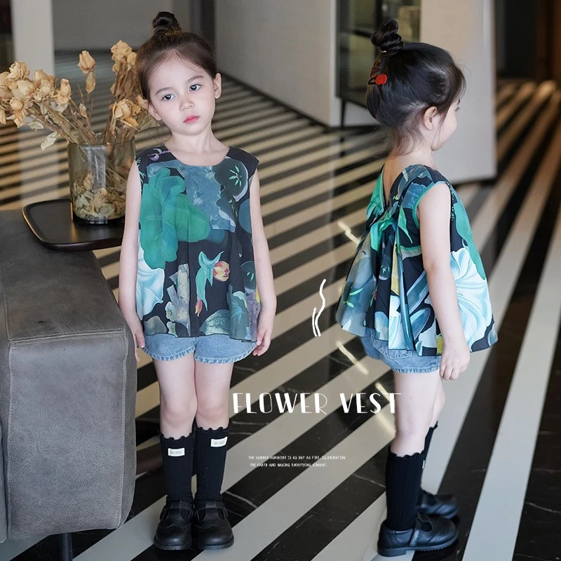 AnnieGirl缤纷盛夏设计感女童夏装绝美无袖绿色露背圆领清新上衣