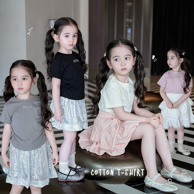 AnnieGirl夏季新款2024百搭多色圆领女童T恤纯棉甜美短袖烫钻夏装