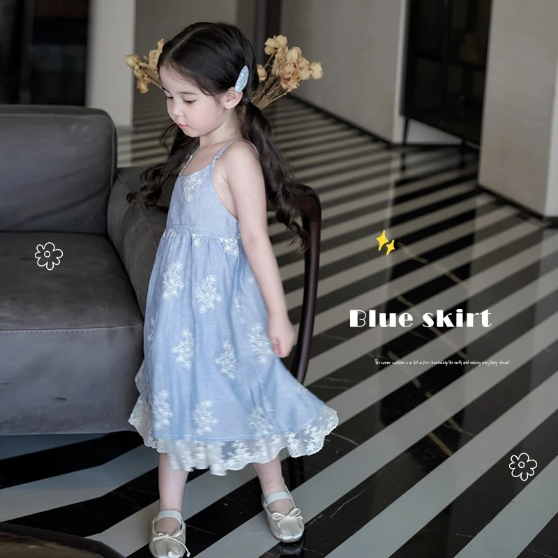 AnnieGirl夏季新款女童森系蕾丝吊带裙纯棉连衣裙女宝宝裙子2024
