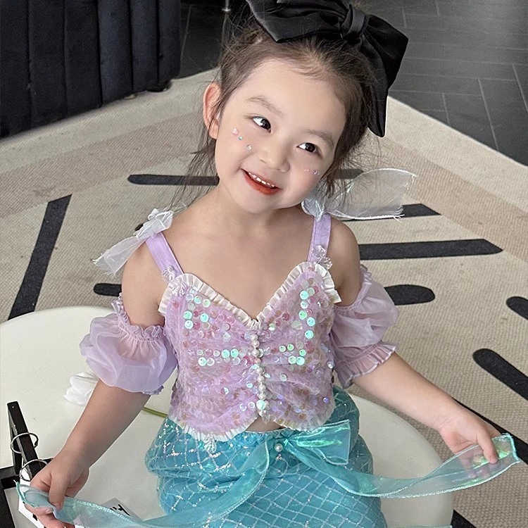 AnnieGirl童话里的美人鱼绝美女童夏生日闪片吊带网纱半裙套装