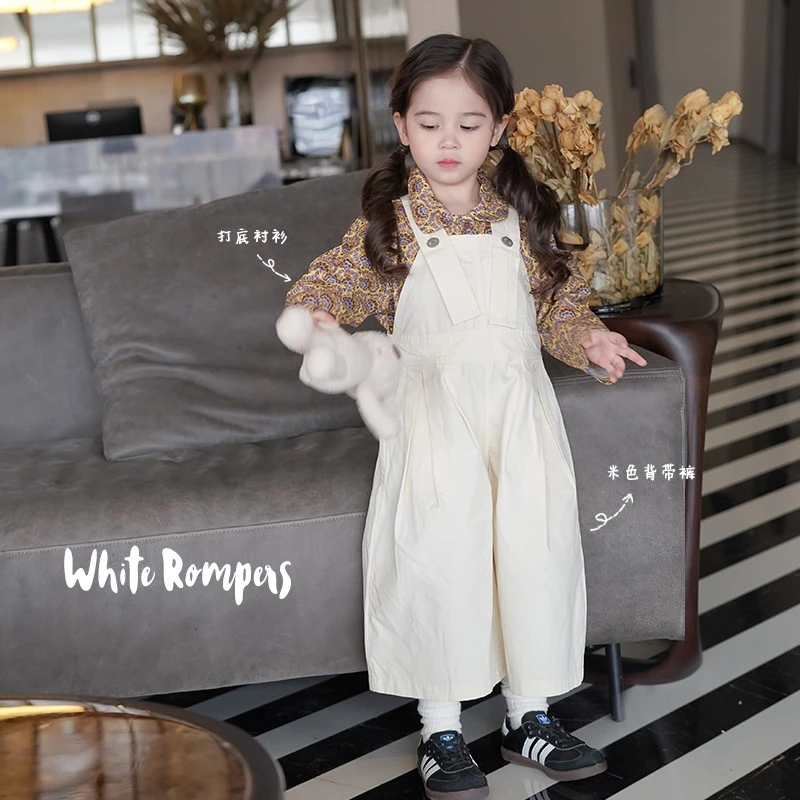 AnnieGirl秋季新款韩系女童磨毛碎花衬衫上衣儿童休闲背带裤套装