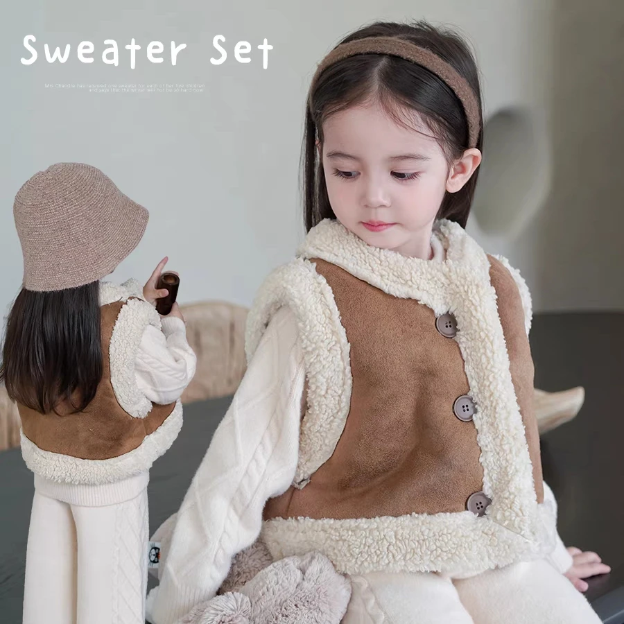 AnnieGirl女童羊羔绒马甲冬季甜美针织衫套装可爱宝宝复古套装冬
