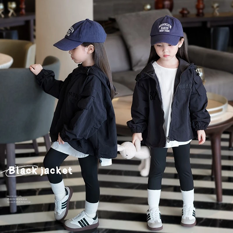 AnnieGirl秋季新款休闲连帽男女童冲锋衣防风外套出街夹克2024
