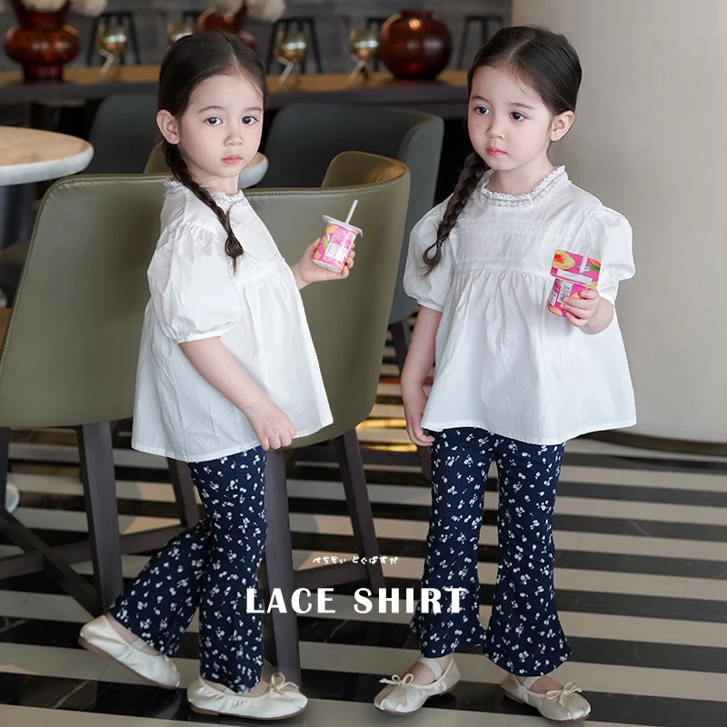 AnnieGirl女童夏季新款衬衫设计感小众清新甜美蕾丝边打揽上衣