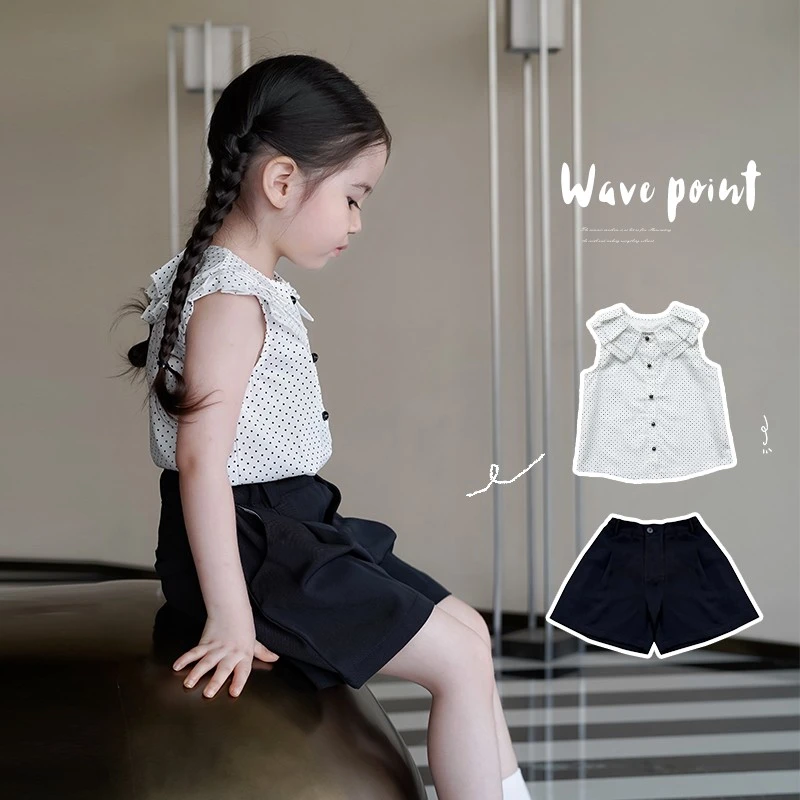 AnnieGirl夏季新款2024法式波点衬衫气质西装短裤女童夏季套装