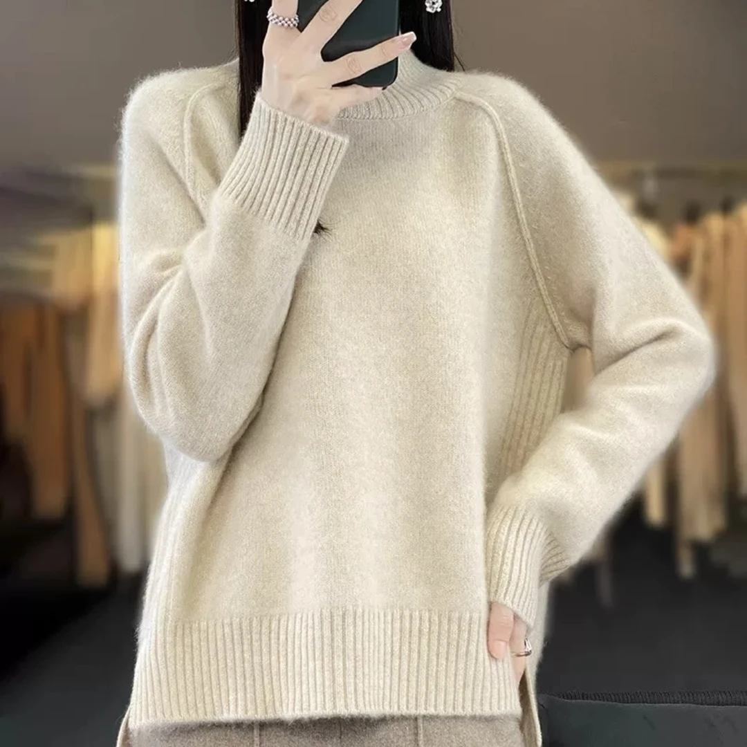 鄂尔多斯市100羊绒衫半高领女宽松针织衫纯色插肩袖开叉毛衣秋冬