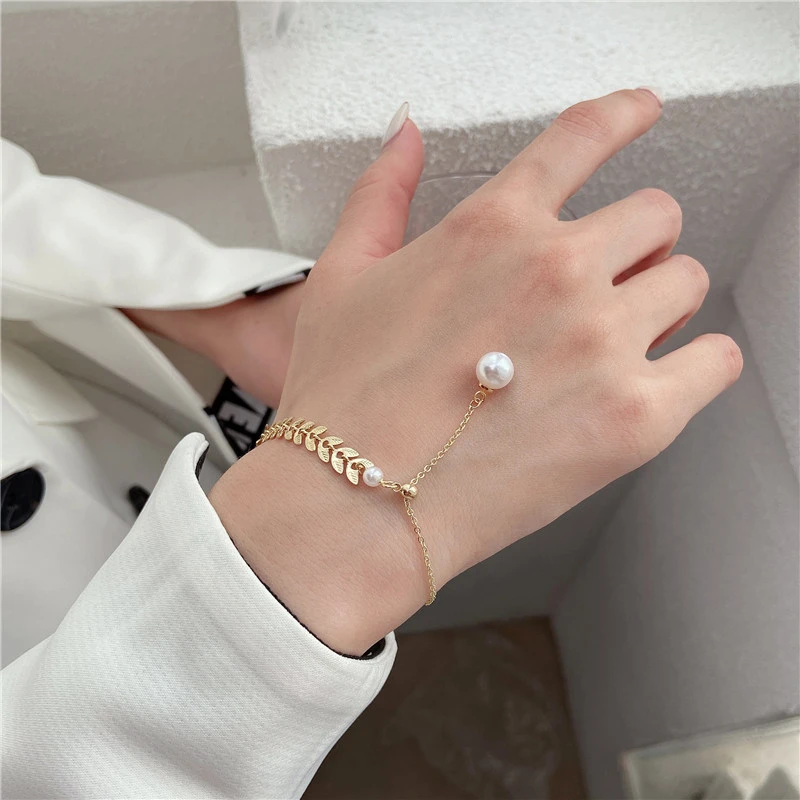 合金手链 创意麦穗仿珍珠手链女气质不对称手镯可调节闺蜜手环