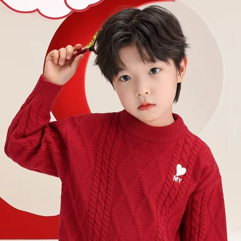 红色儿童加厚毛衣2024秋冬新款喜庆中式男女童兄妹装保暖针织衫