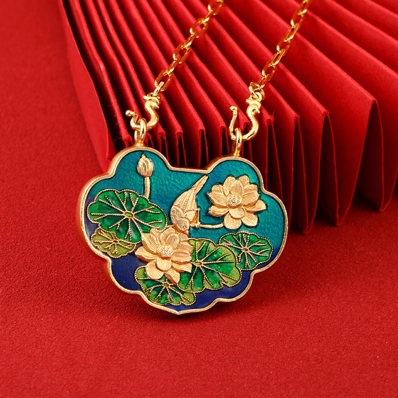 吊坠足银珐琅 金宫凤朝吉祥富贵锁包国风手工錾刻珐琅气质复古