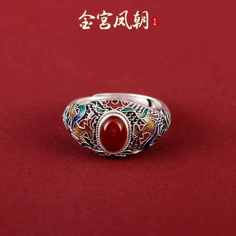 足银珐琅戒指 金宫凤朝 绯蓝麋鹿古风珐琅彩戒指镶嵌指环古法复古
