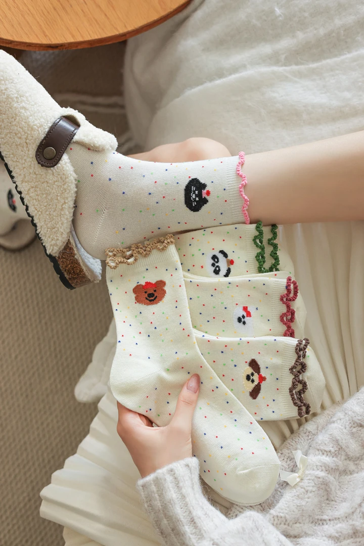 韩系点子纱可爱小狗袜子学生春秋透气卡通动物学院风甜美中筒袜