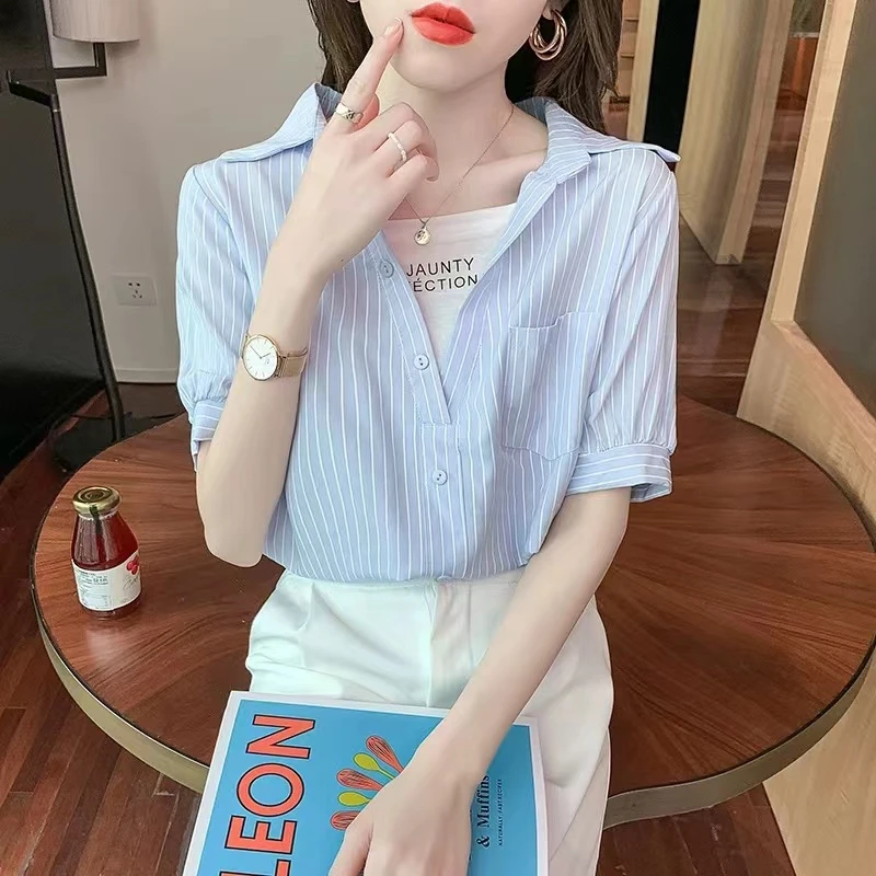 8005假两件短袖衬衫女2023年夏季新款设计感衬衣洋气套头条纹上衣