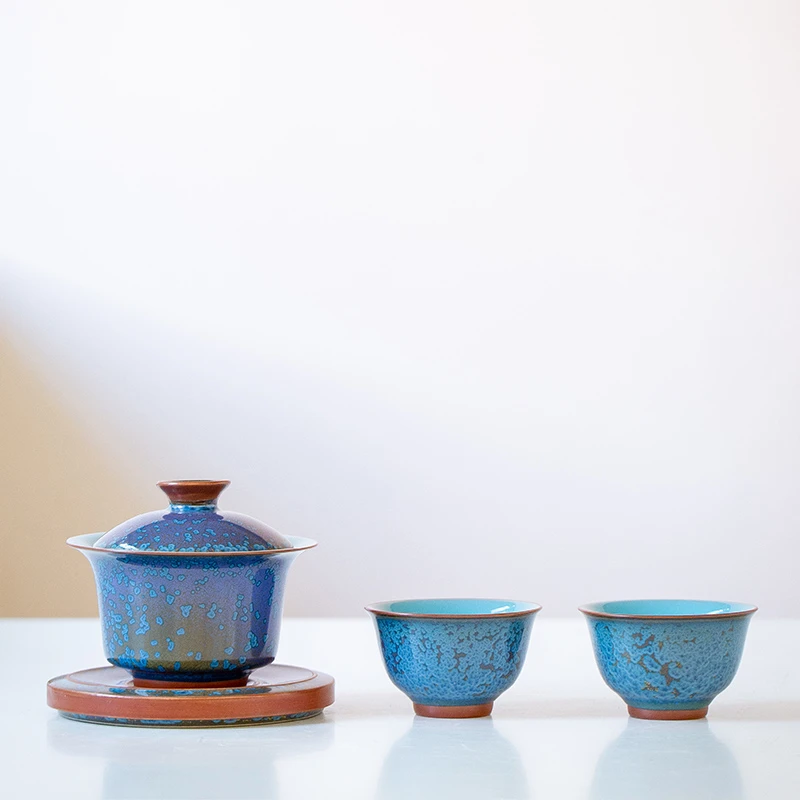 高端钧瓷窑变釉功夫茶具套装浮翠蓝玉三才盖碗两杯陶瓷高档礼盒