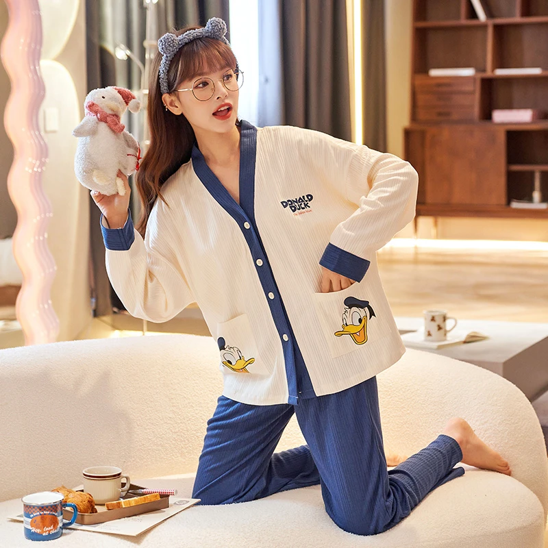 5232浅蓝新款韩版宽松唐老鸭长袖长裤家居服套装女士居家外穿