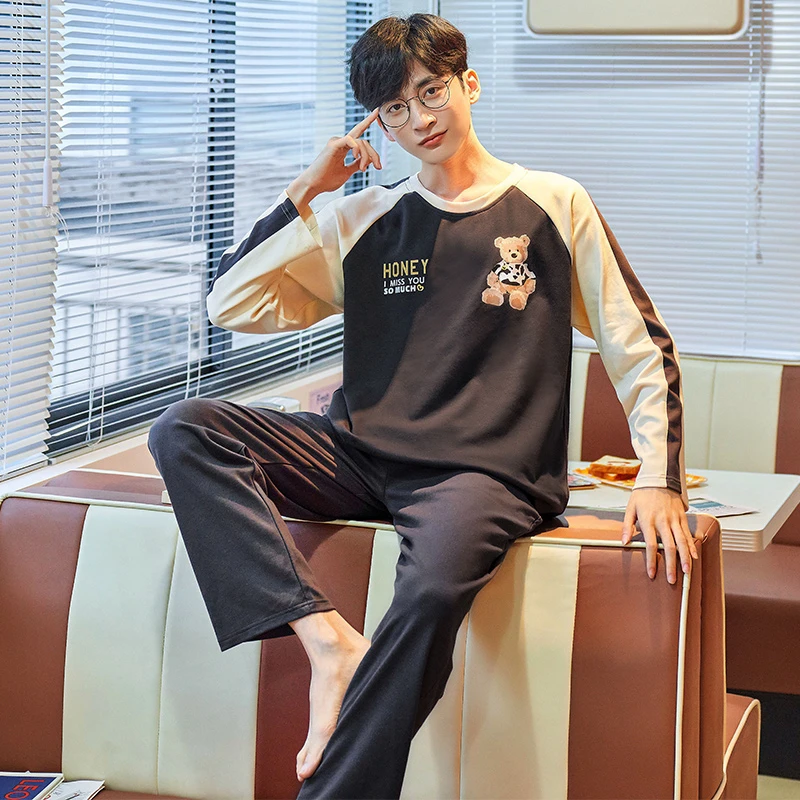 7208秋冬季男式新款家居服套装休闲拼接圆领棉长袖